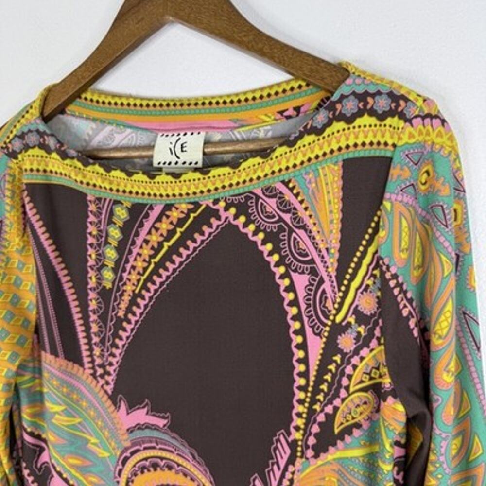 ICE Paisley Dress Vintage Y2K Boho 8 Shift Knee Length Jersey 70s 3/4 Sleeve